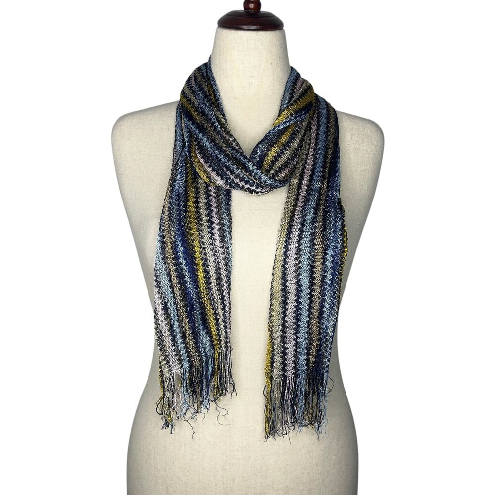 Missoni Womens Scarf Blue Gold Striped Knit Rectangle Colorful Fringe Trim Italy